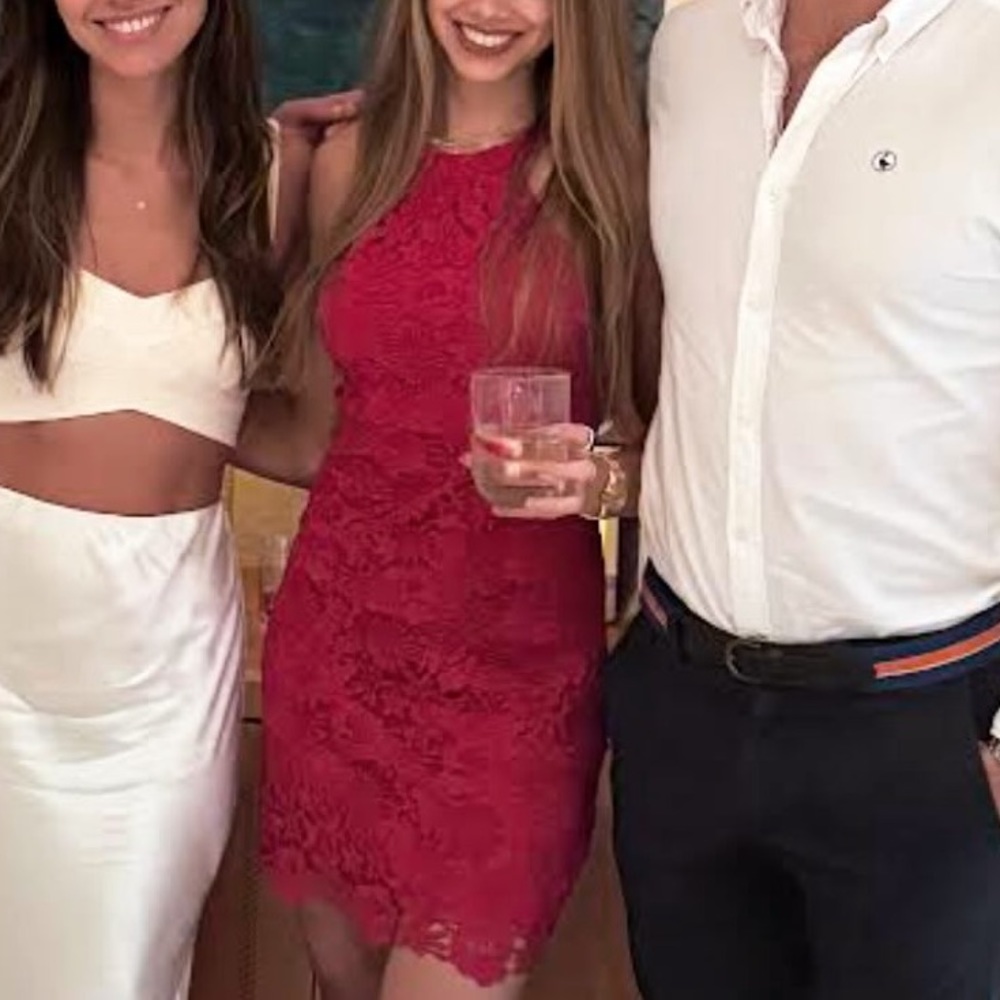 Lulu’s Red lace halter mini dress